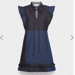 COACH 1941 PATCHWORK DENIM DRESS WITH BRODERIE ANGLAISE BIB DETAIL SIZE US 4